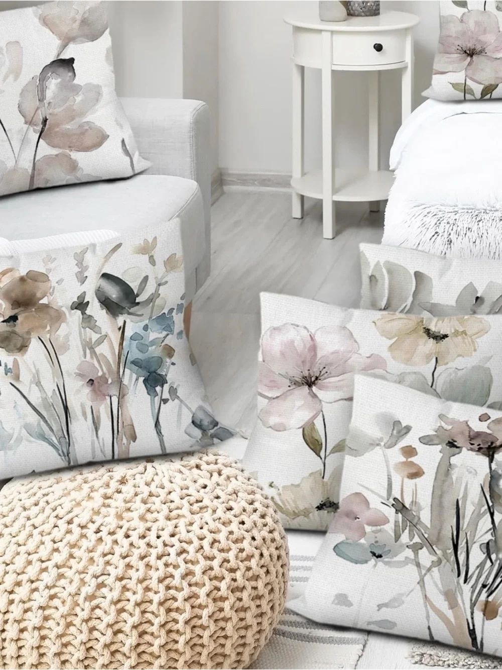 Watercolor Floral Throw Pillow Covers - Soft Neutrals Set of 6